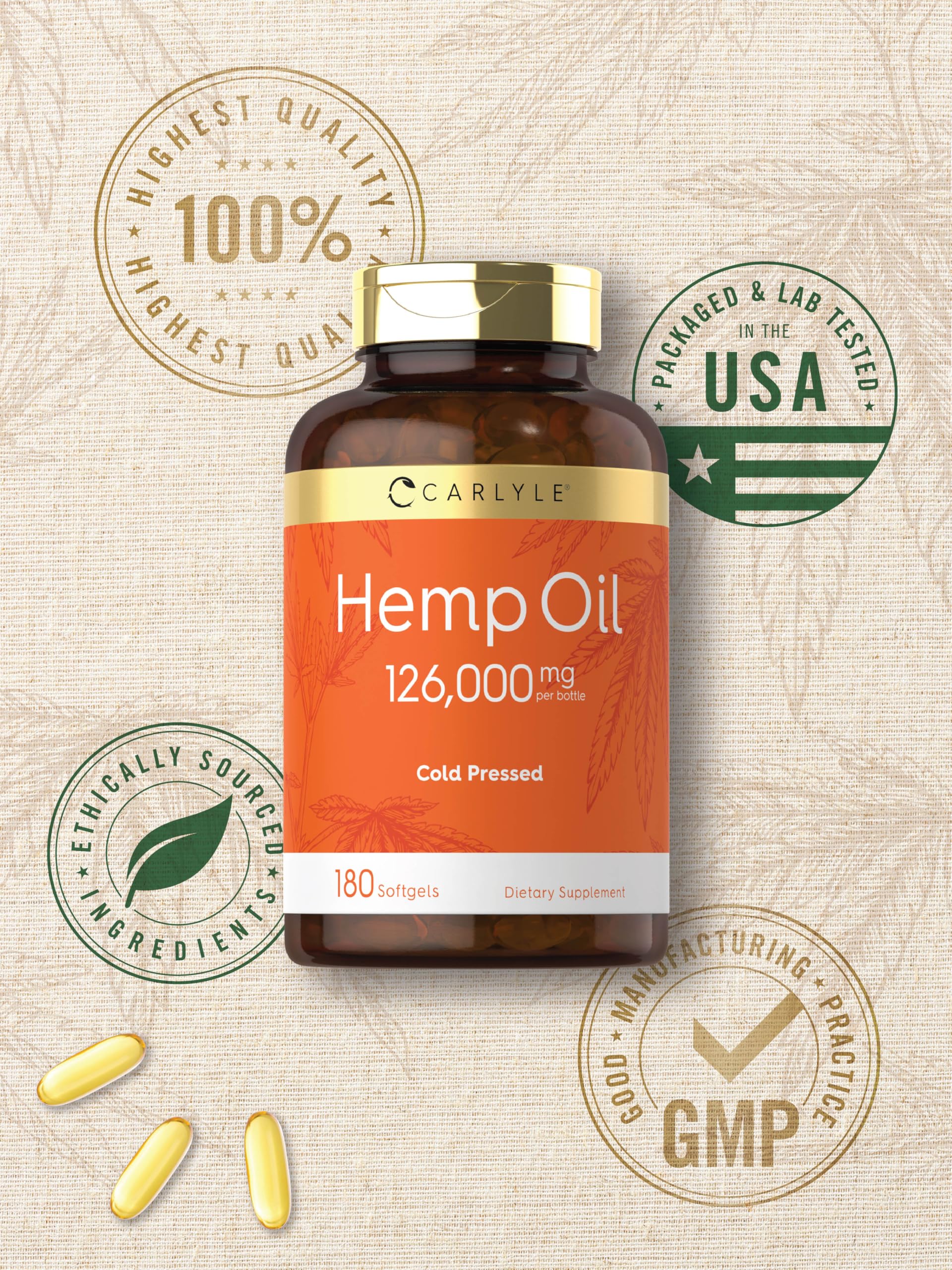 Seal indicating freshness on Carlyle hemp oil capsules bottle