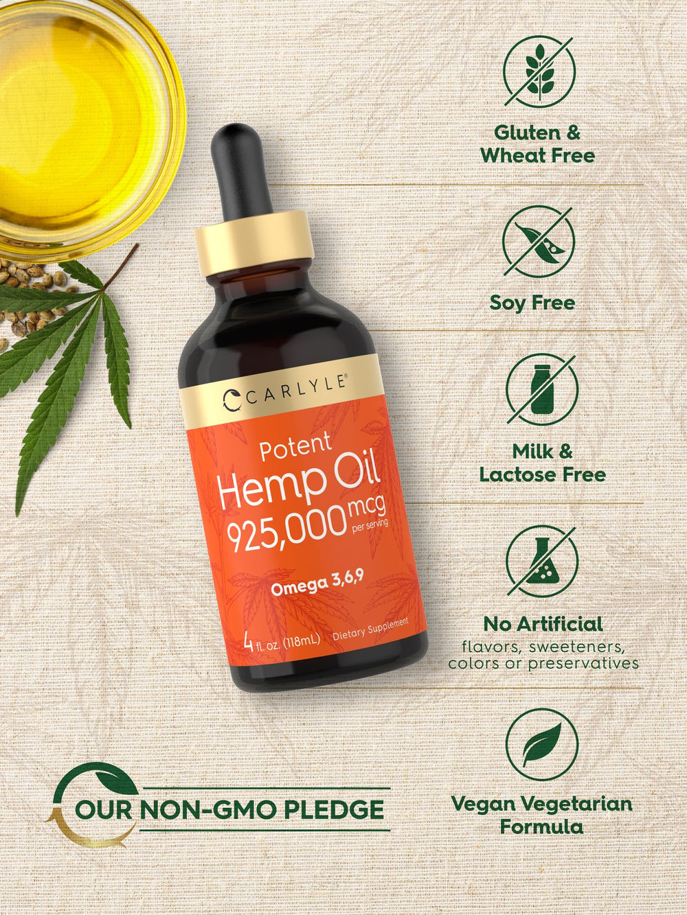 Carlyle Hemp Seed Oil glass bottle detail conveys premium packaging