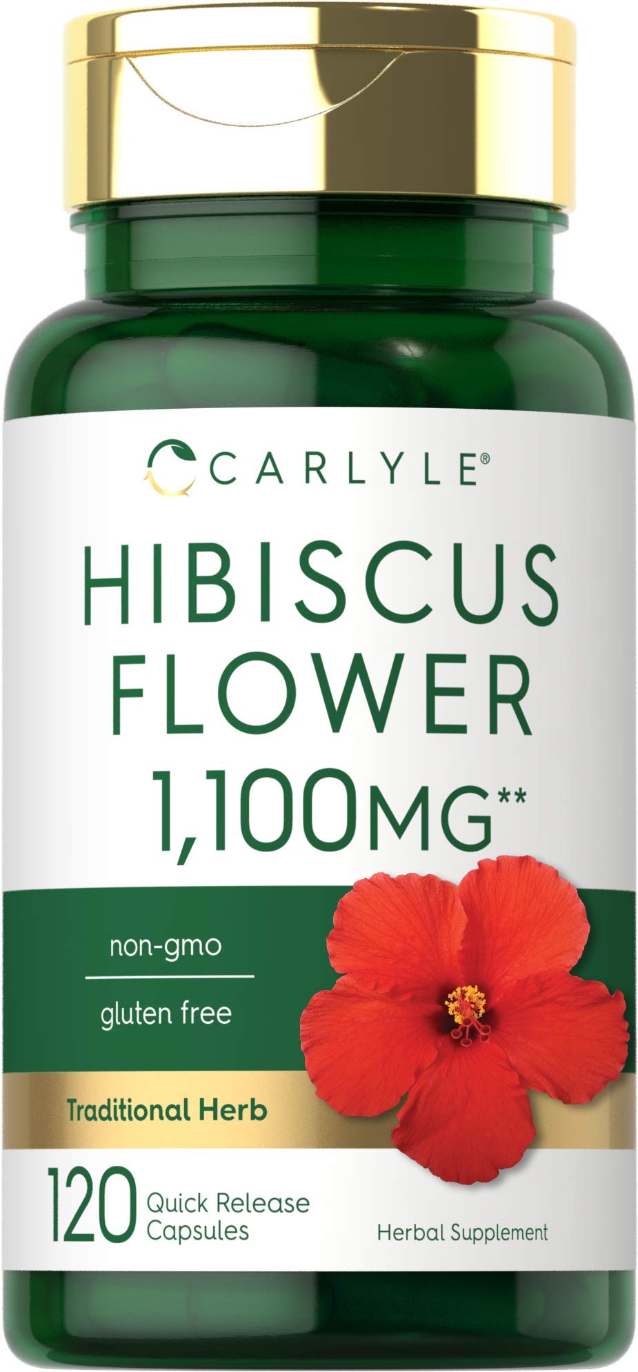 Carlyle Hibiscus Flower Extract bottle front, vibrant natural wellness imagery