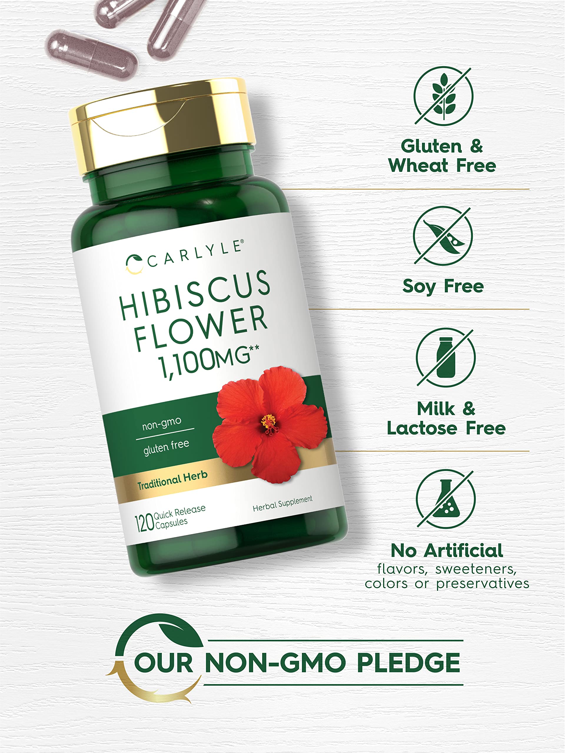 Carlyle Hibiscus non-GMO gluten-free icons, clear dietary suitability