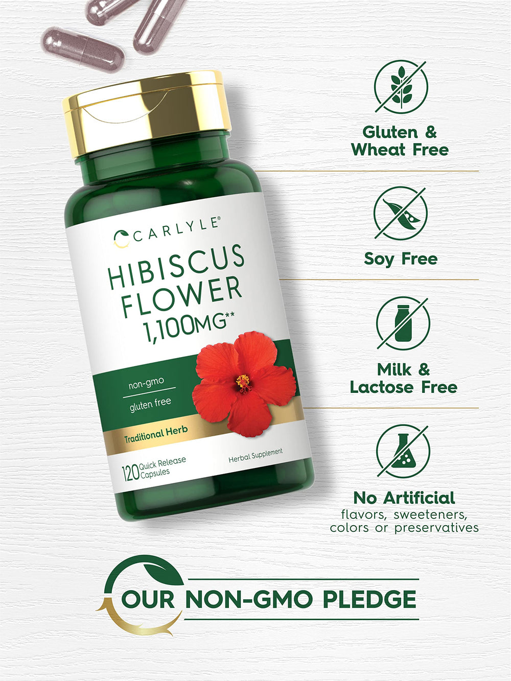 Carlyle Hibiscus non-GMO gluten-free icons, clear dietary suitability