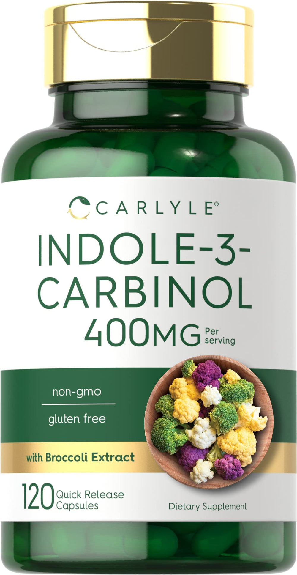 Carlyle I3C 400mg bottle with label highlighting premium antioxidant formula
