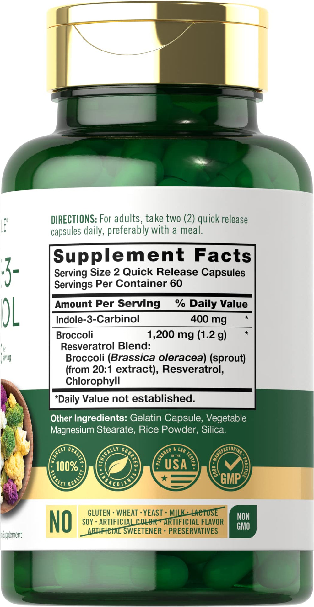 Close-up of Carlyle Indole-3-Carbinol ingredients label