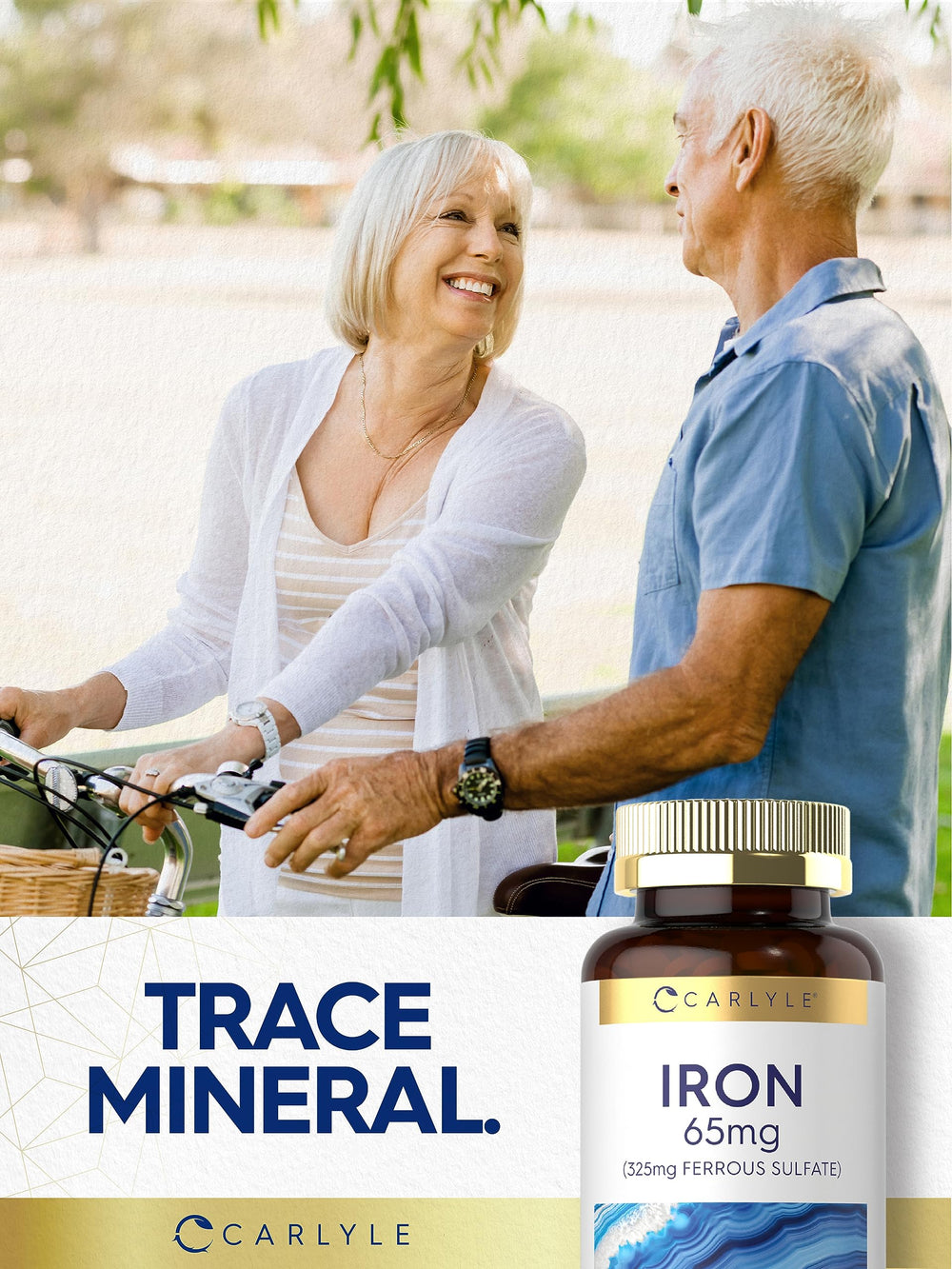 Carlyle Iron bottle shows gluten-free and non-GMO claims.