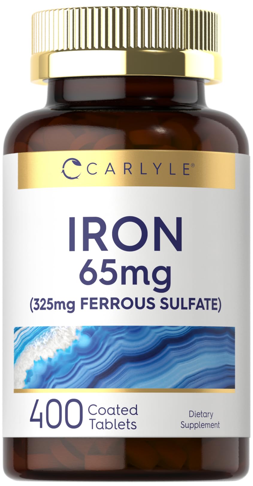 Carlyle Iron bottle front highlighting daily iron support in a non-GMO formula.