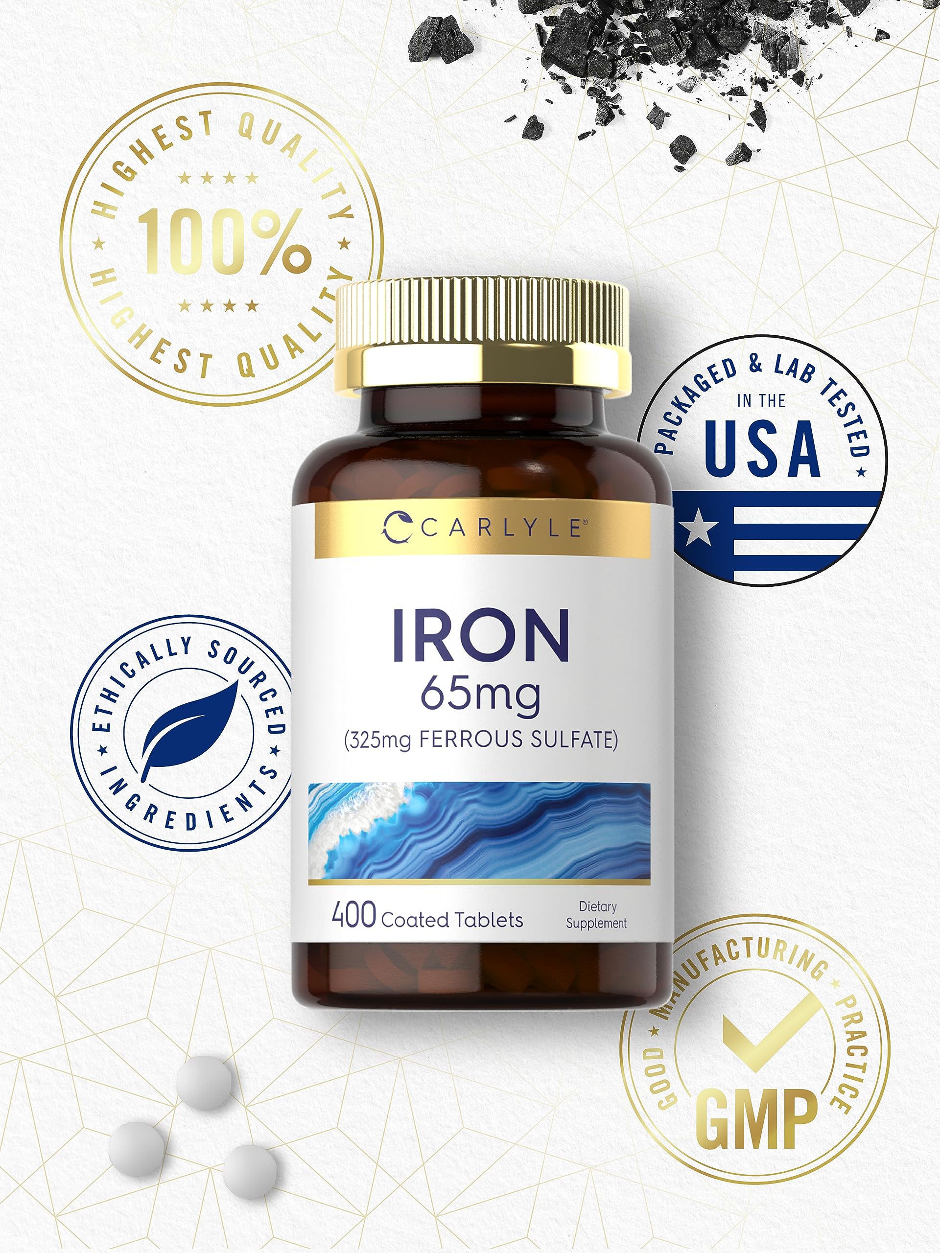 Carlyle Iron 400-tablet bottle signals a large daily supply.