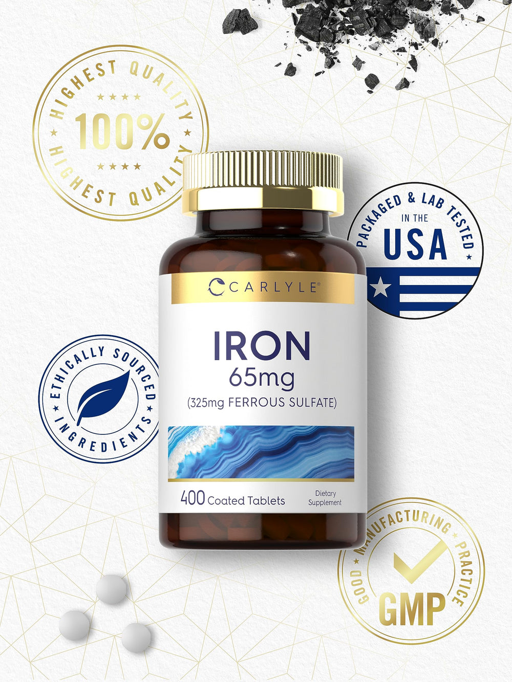 Carlyle Iron 400-tablet bottle signals a large daily supply.