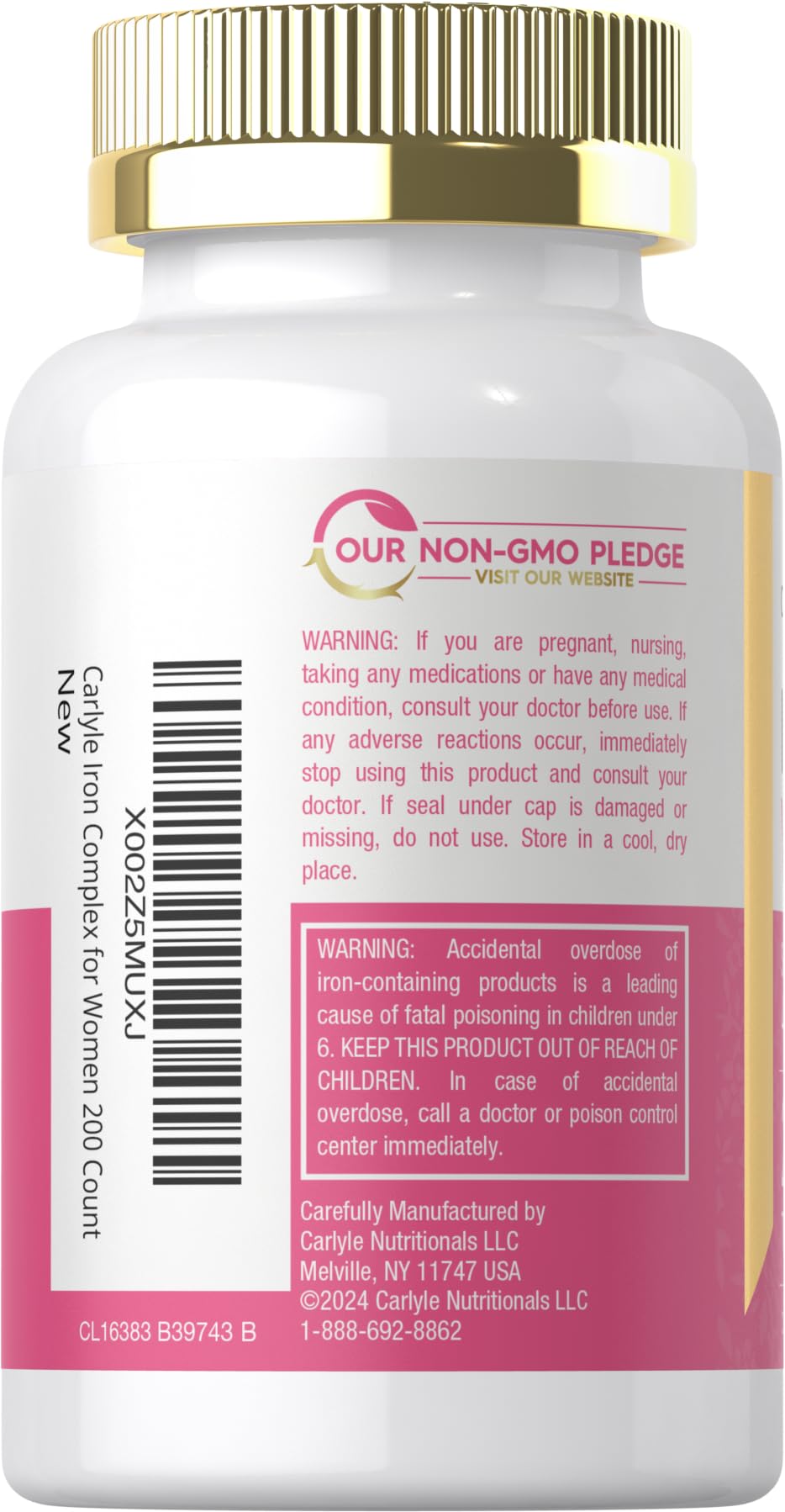 Carlyle iron packaging showcases vegetarian, non-GMO, gluten-free pills.