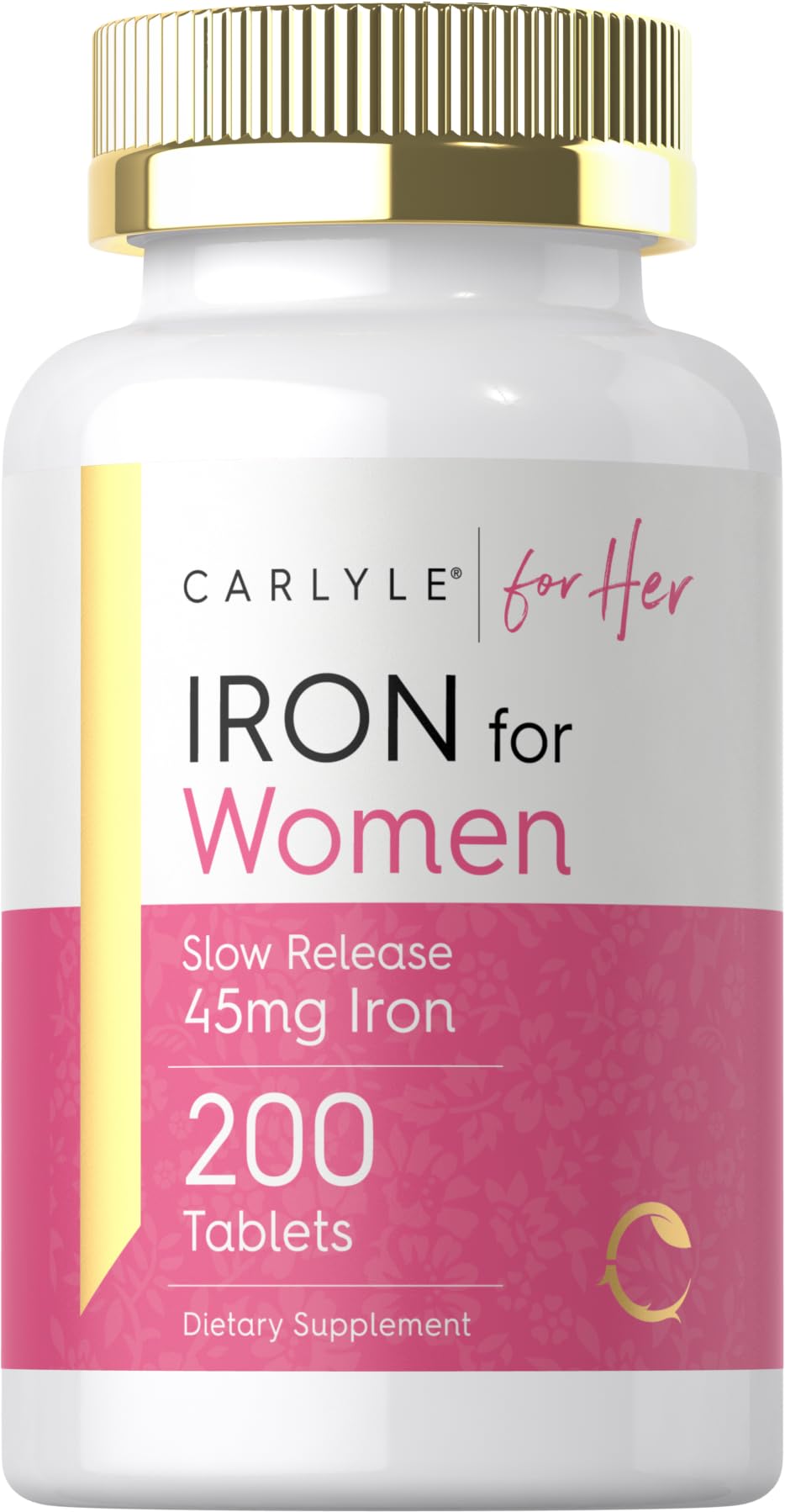 Carlyle Iron Supplement bottle showing 200 slow-release tablets for steady support.