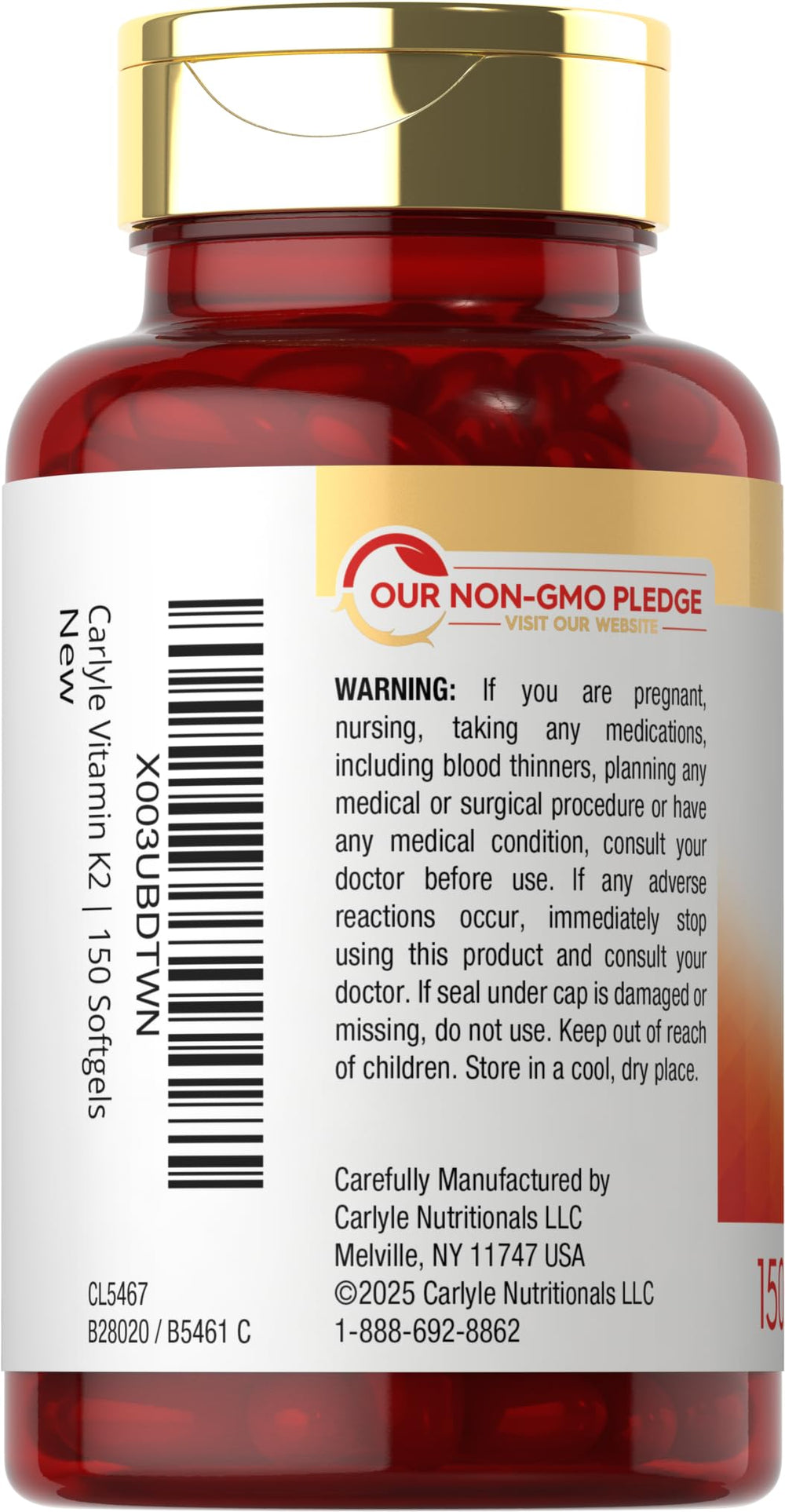 Carlyle K2 MK7 100 mcg label closeup shows clean packaging and purity