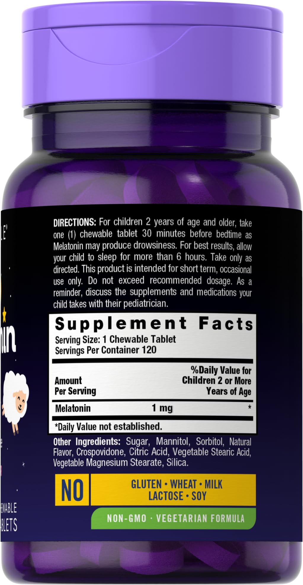 Close-up of Carlyle Kids Melatonin bottle showing 120 chewables for bedtime support