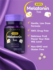 Carlyle Kids Melatonin bottle label highlighting vegetarian, non-GMO and gluten-free features
