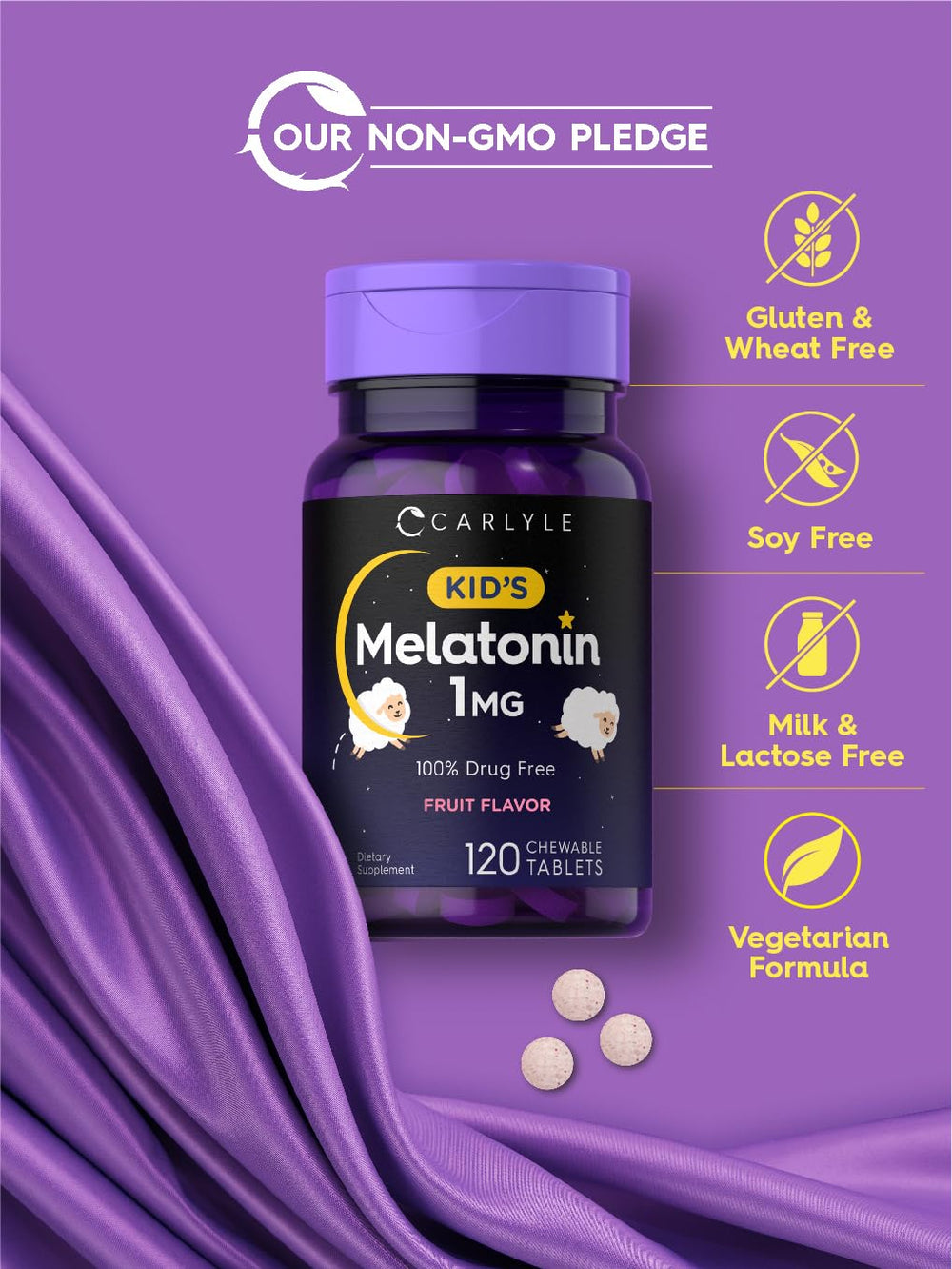 Hand holding Carlyle Kids Melatonin chewable tablet with bright fruit flavor