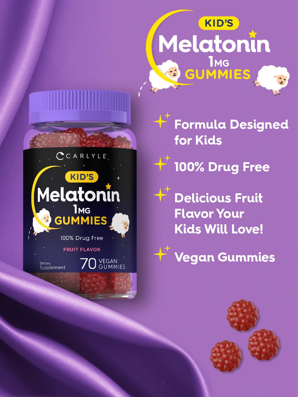 Carlyle Kids Melatonin Gummies packaging on a nightstand