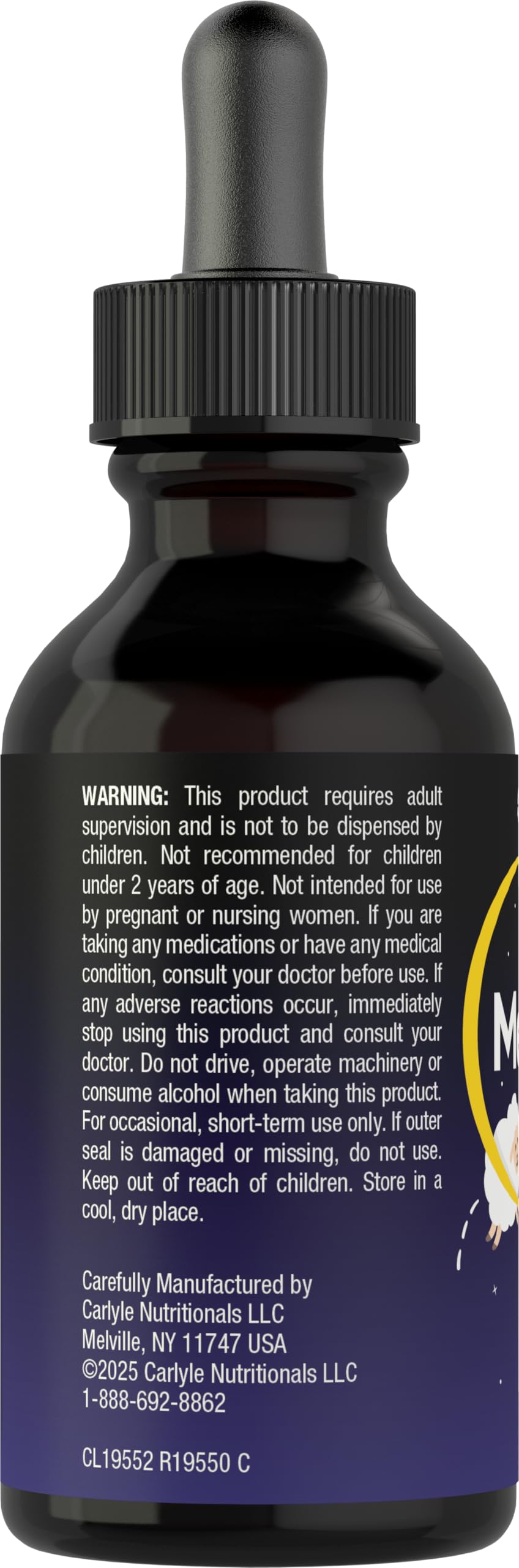Carlyle Kids Melatonin Liquid bottle label shows 1 mg per serving.