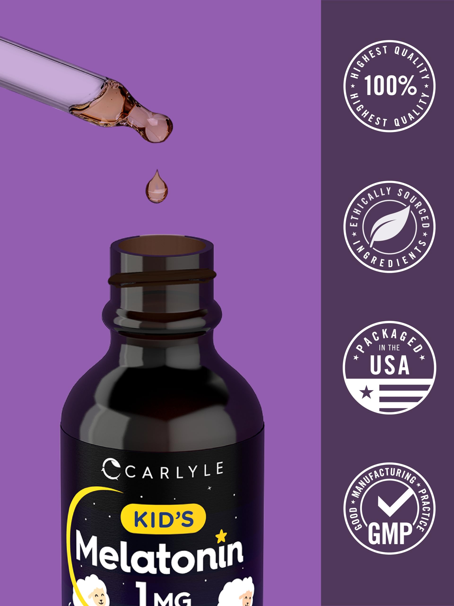 Carlyle Melatonin Liquid bottle displays non-GMO and gluten-free seals.