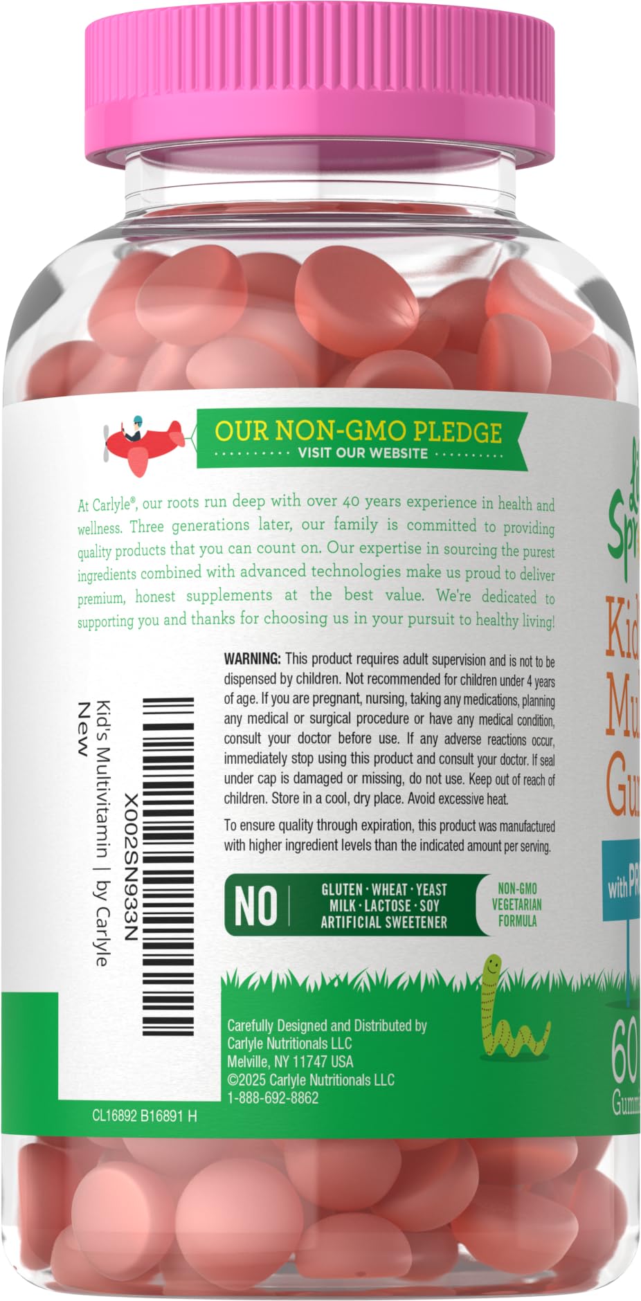 Carlyle Kids Multivitamin Gummies bottle highlights vegetarian, non-GMO formula