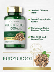 Carlyle Kudzu Root capsules closeup highlights natural non-GMO formula.