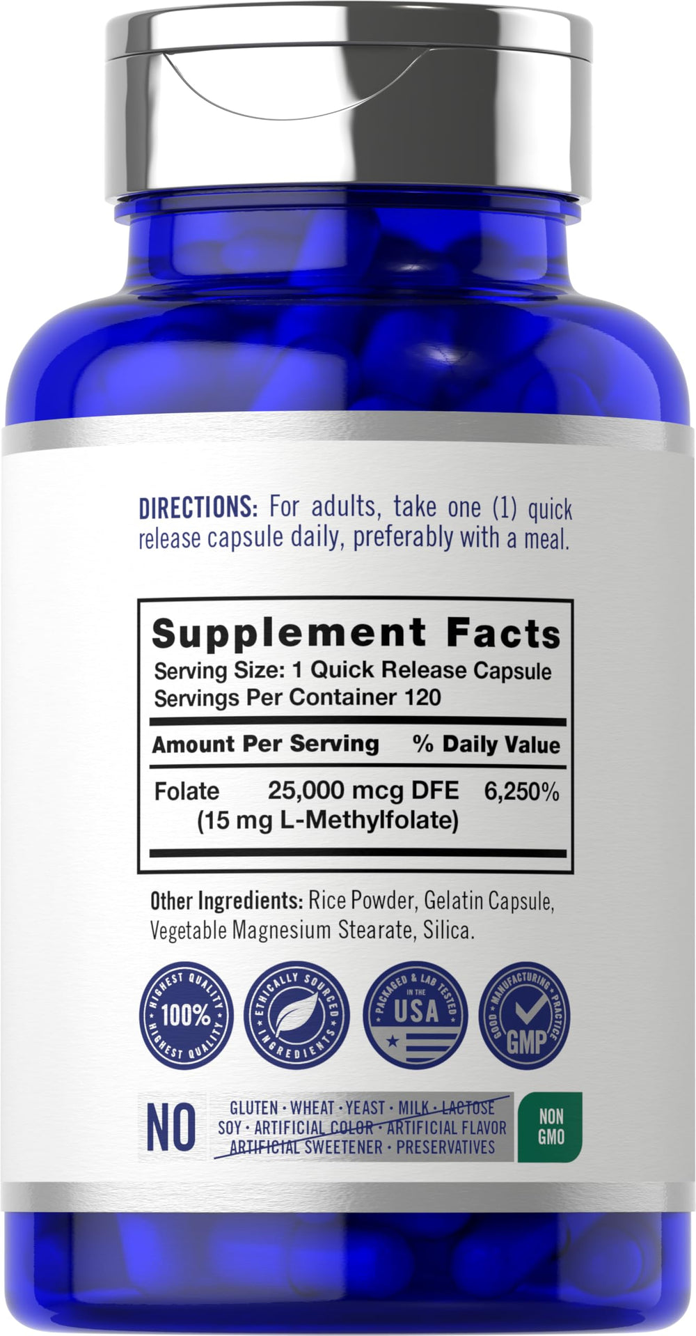 Carlyle L Methylfolate bottle back shows supplement facts and ingredients
