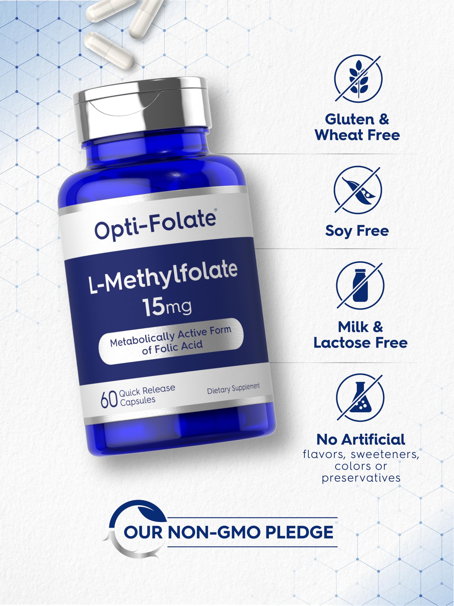 Close-up of Carlyle L-Methylfolate 15mg capsules highlighting quick-release formula.