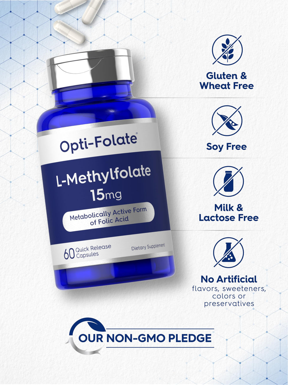 Close-up of Carlyle L-Methylfolate 15mg capsules highlighting quick-release formula.