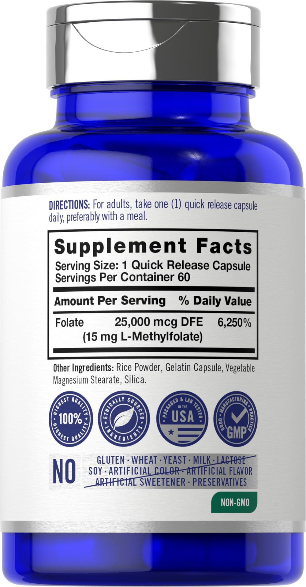 Carlyle L-Methylfolate 15mg label view shows non-GMO and gluten-free features.