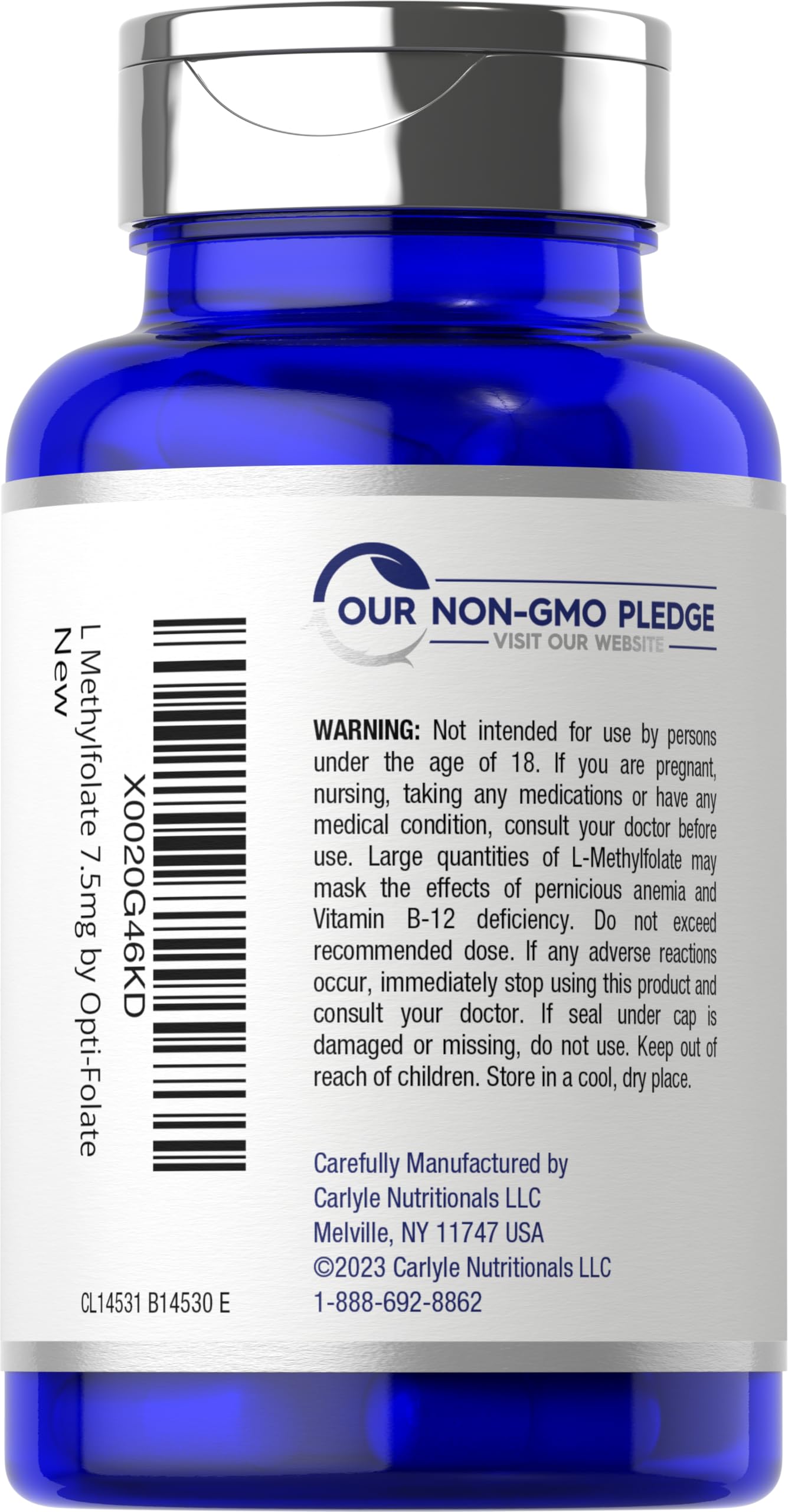 Carlyle L-Methylfolate 7.5 mg label detail showing quality and non-GMO status.