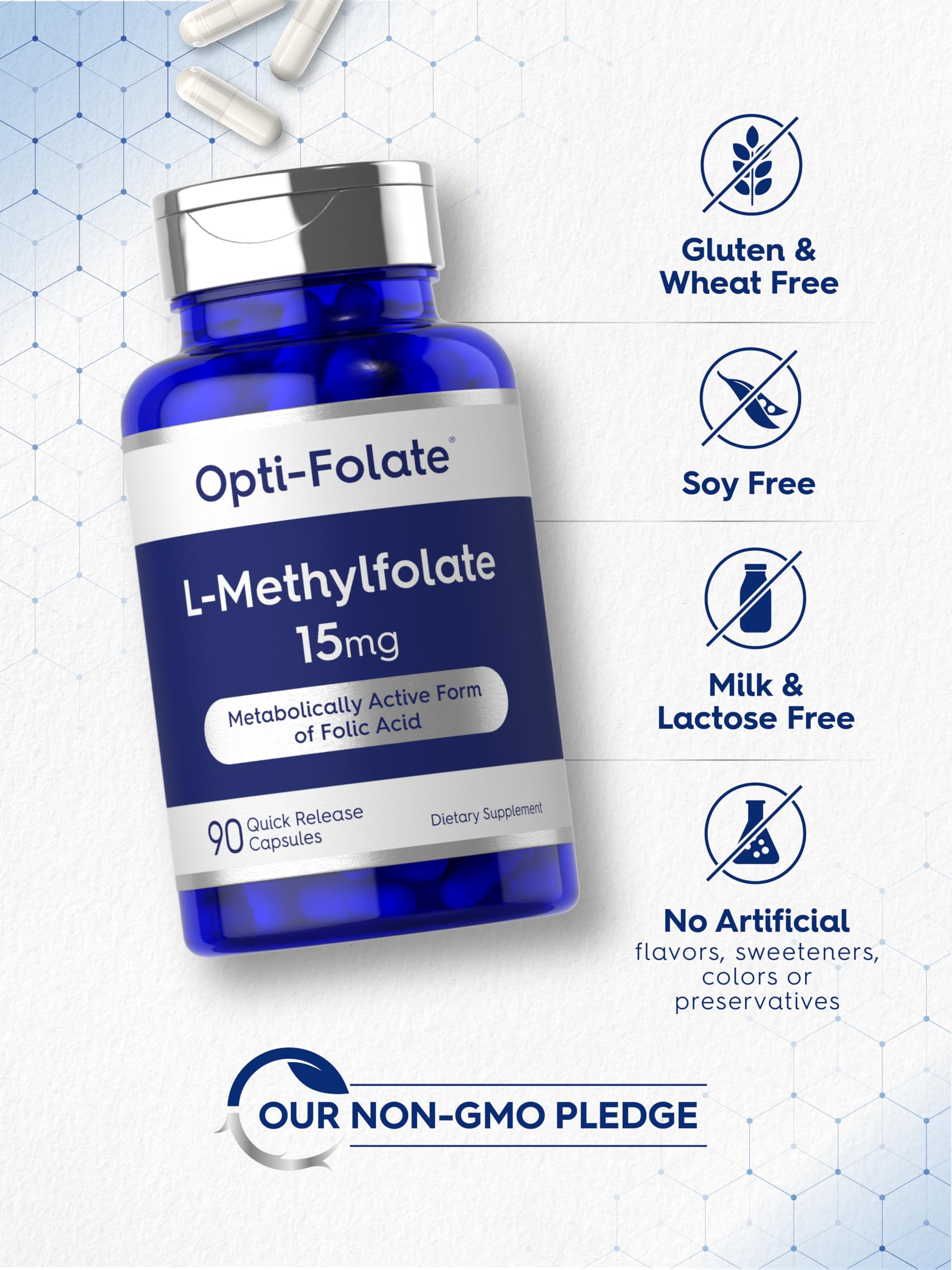 Carlyle L-Methylfolate ingredients gluten-free non-GMO claim visible.