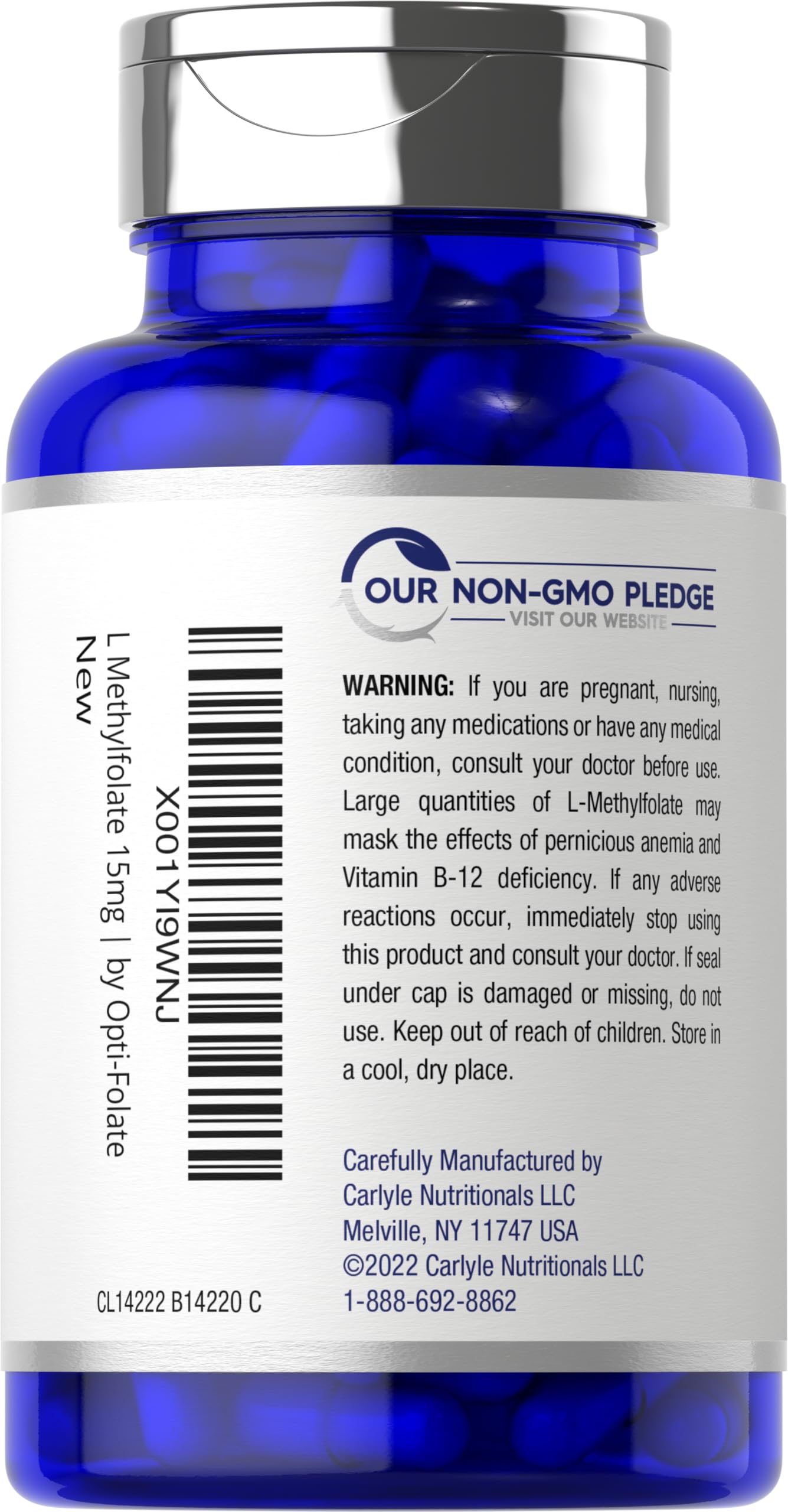 Carlyle L-Methylfolate label detail showing 5-MTHF formula.