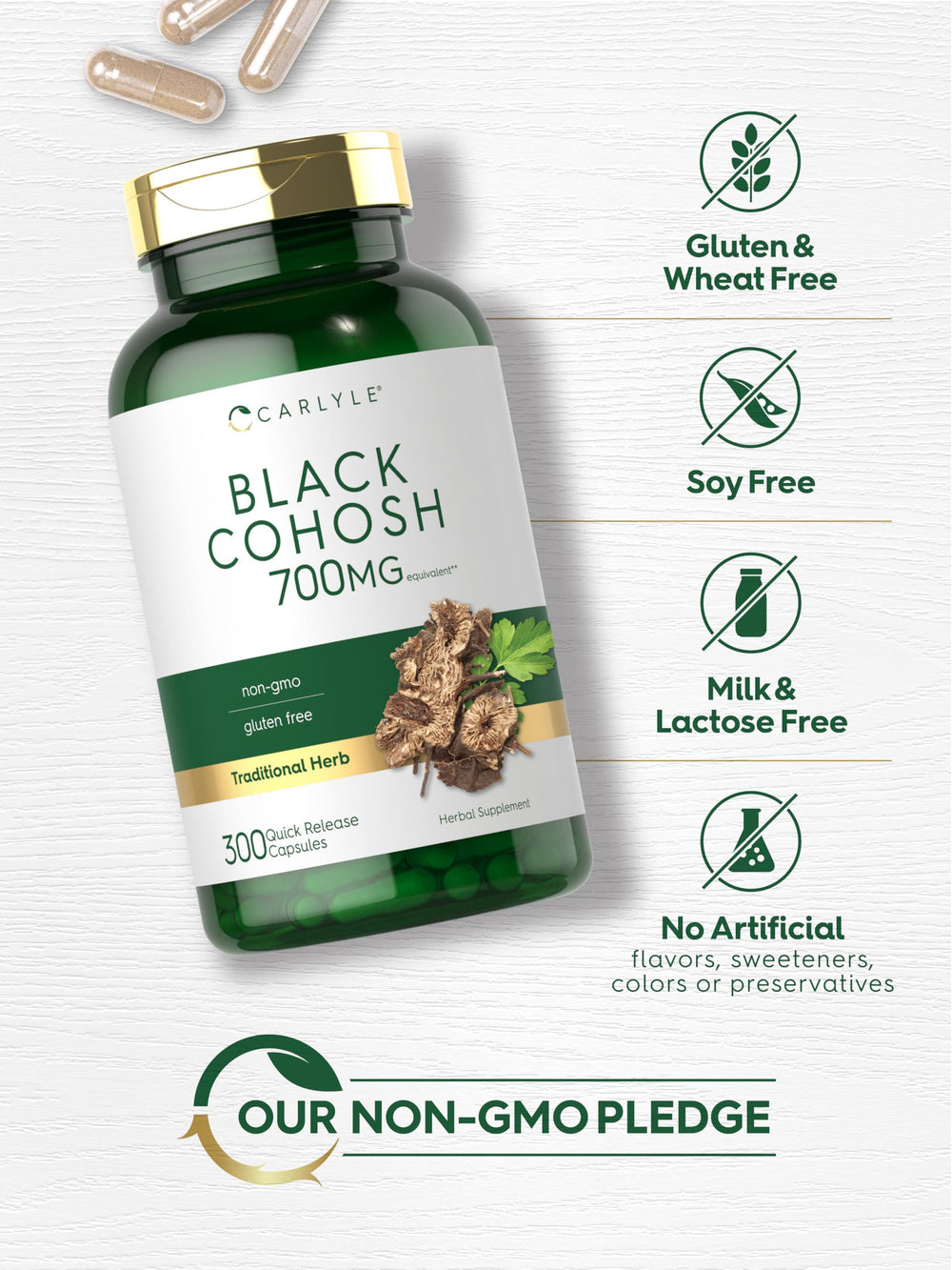 Carlyle lab-tested seal on label verifies identity and quality.