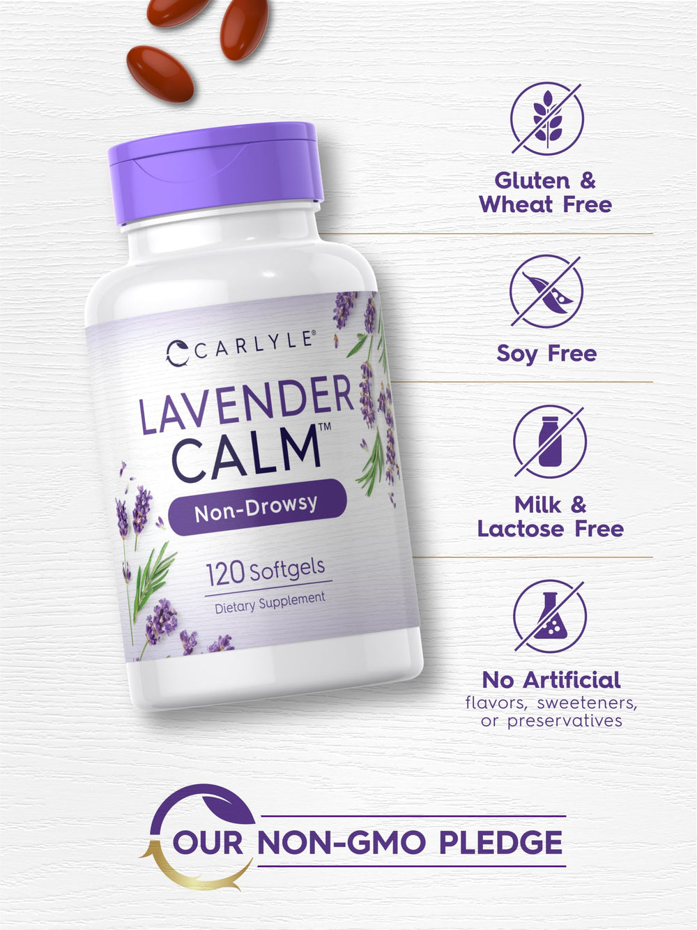 Glass bottle of Carlyle Lavender Pills resting on a desk.