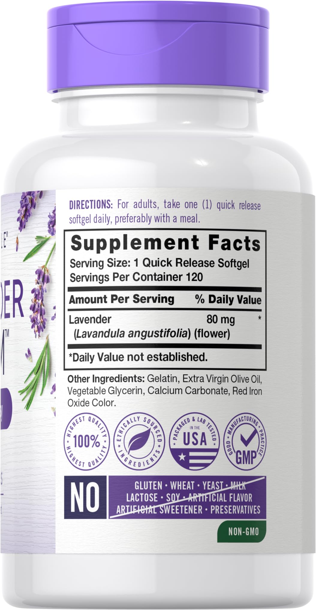 Close-up of Carlyle Lavender Pills label highlighting 80 mg per softgel.