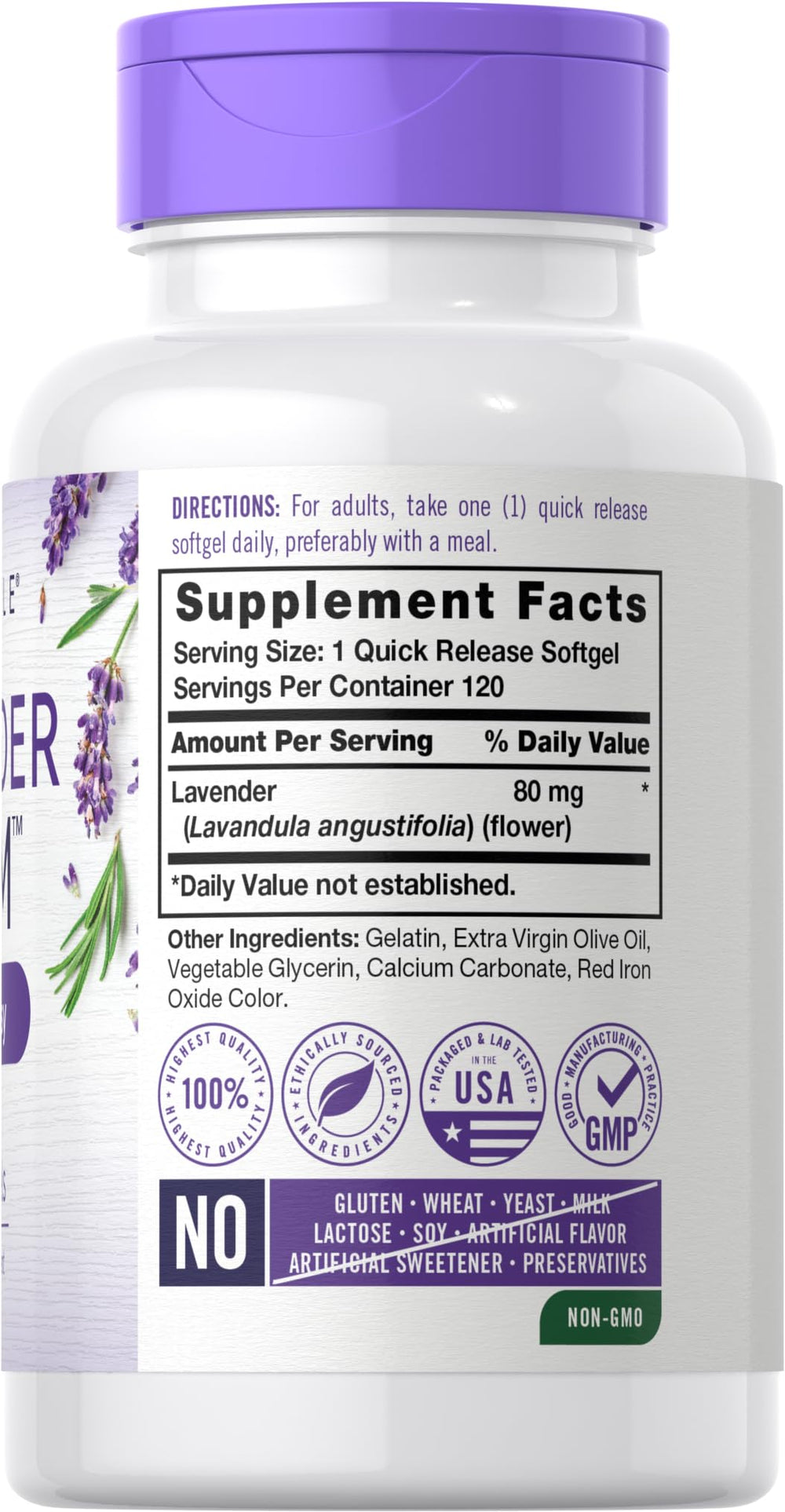 Close-up of Carlyle Lavender Pills label highlighting 80 mg per softgel.
