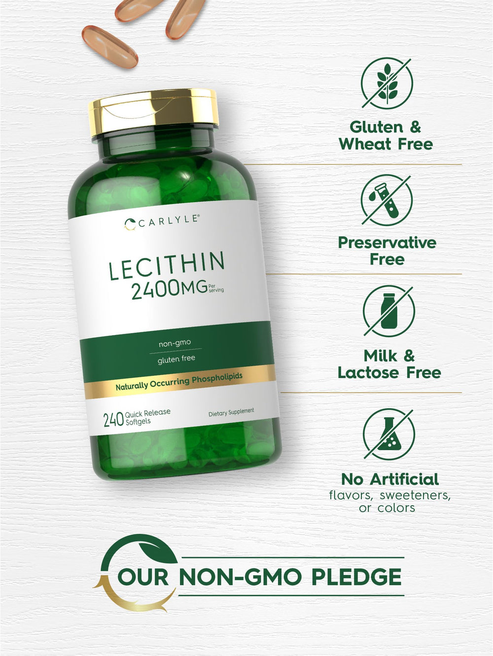 Carlyle Lecithin bottle and packaging emphasizes gluten-free, non-GMO promise