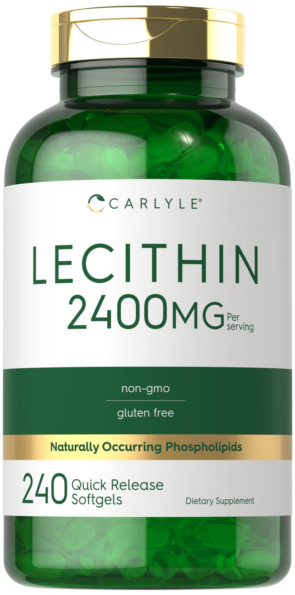 Carlyle Lecithin softgel bottle showing non-GMO gluten-free formula