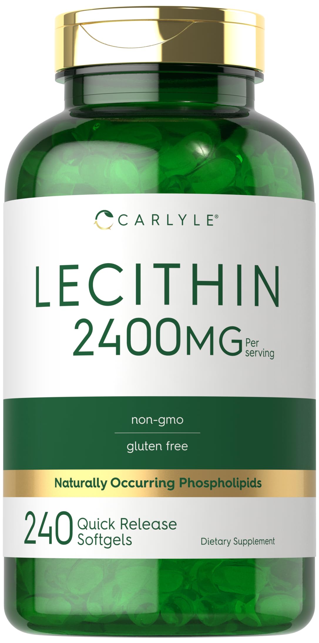 Carlyle Lecithin softgel bottle showing non-GMO gluten-free formula