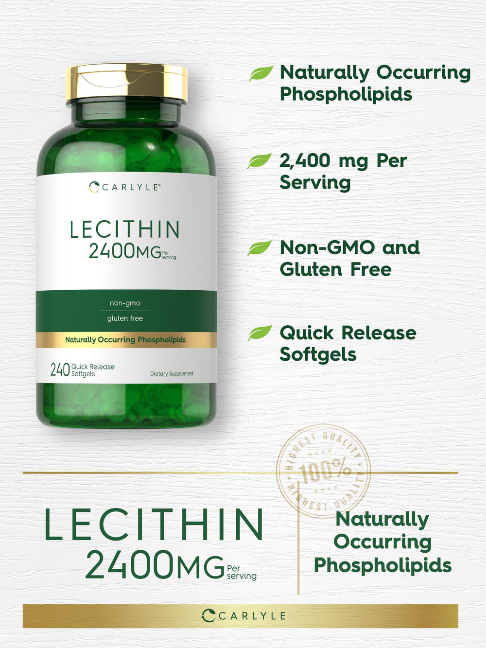 Close-up of Carlyle Lecithin softgels with smooth shells