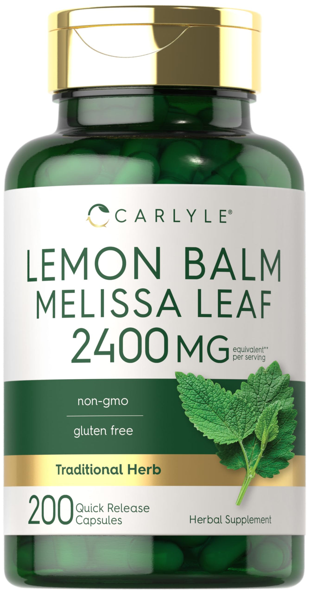 Carlyle Lemon Balm capsules bottle pour shows convenient on-the-go use for calm moments.