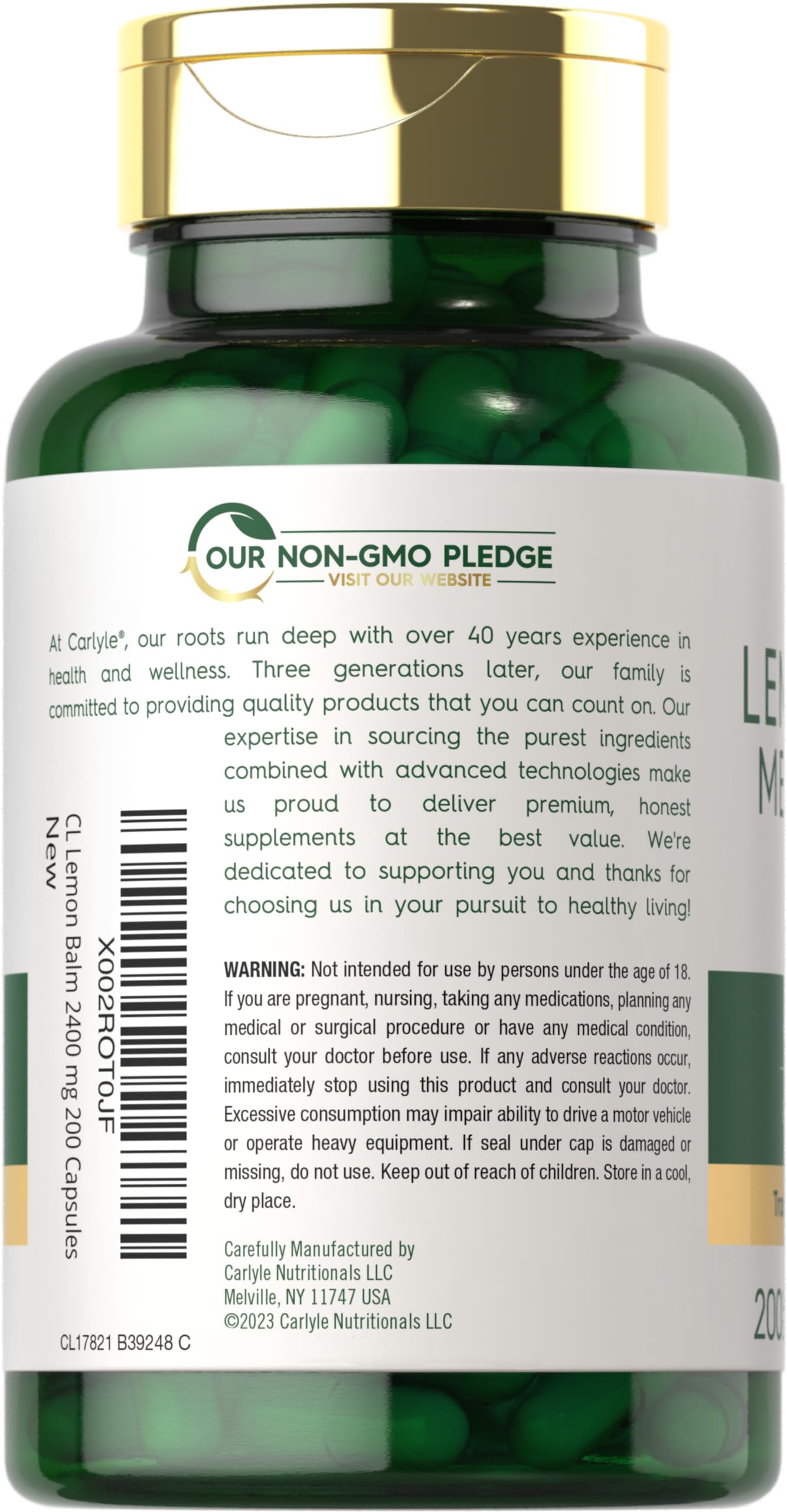 Carlyle Lemon Balm capsules label closeup emphasizes high potency Melissa extract.