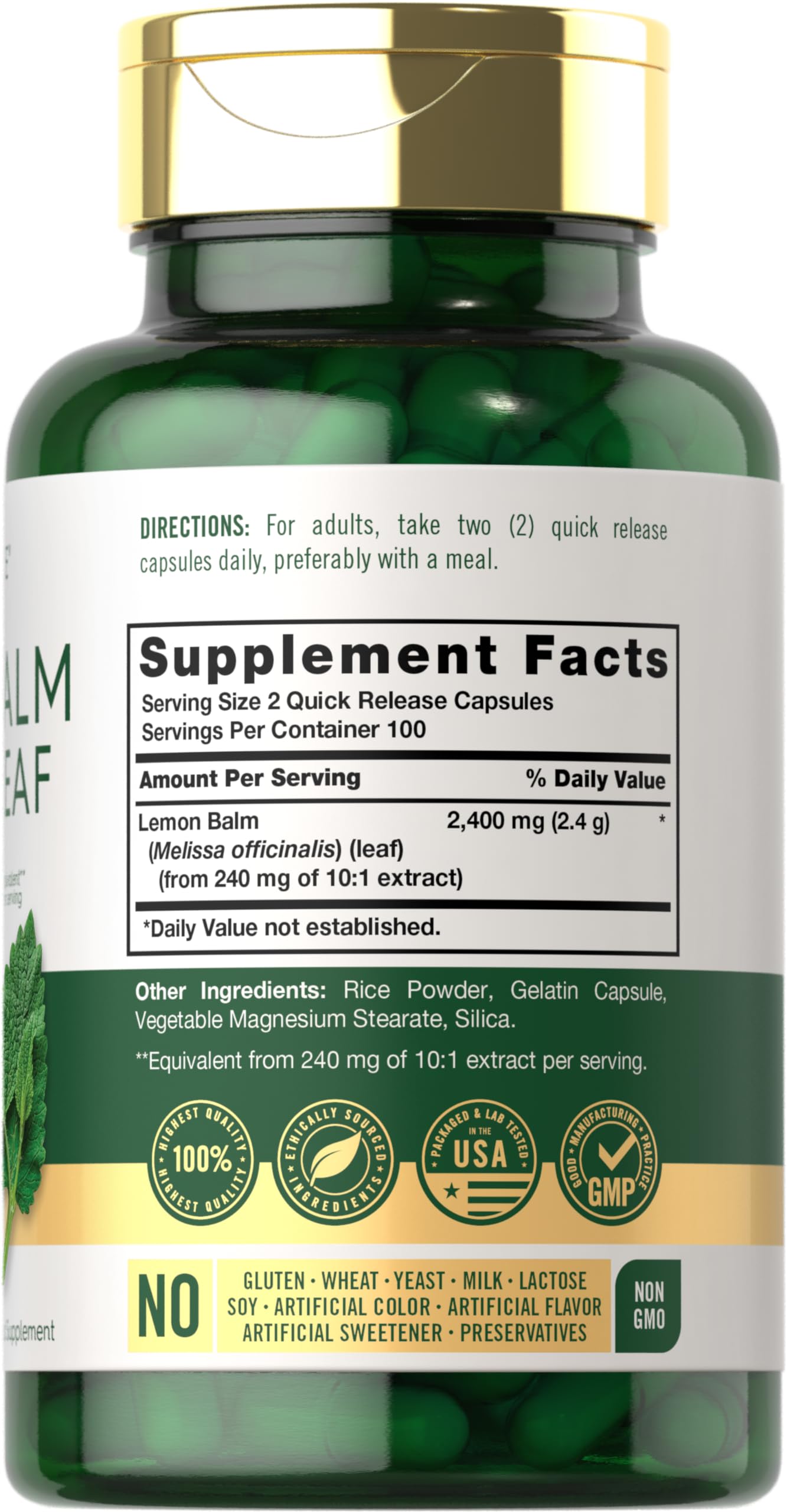 Carlyle Lemon Balm capsules packaging highlights non-GMO and gluten-free formulation.