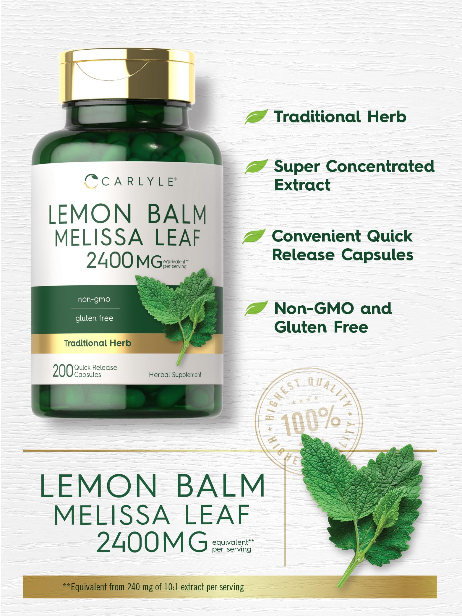Carlyle Lemon Balm leaves Melissa herb image underscores natural herbal source.
