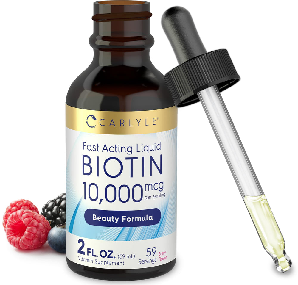 Carlyle Liquid Biotin 10000mcg bottle ready for daily beauty routine