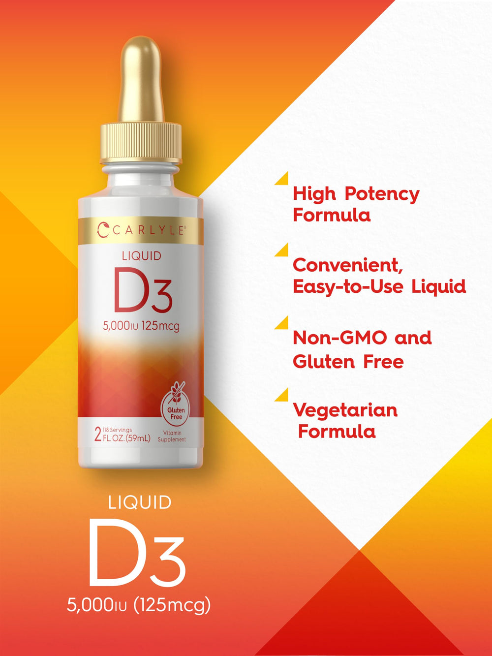 Carlyle Liquid D3 bottle closeup highlighting premium packaging.