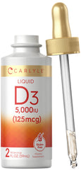 Carlyle Liquid D3 bottle pour for convenient daily dosing.