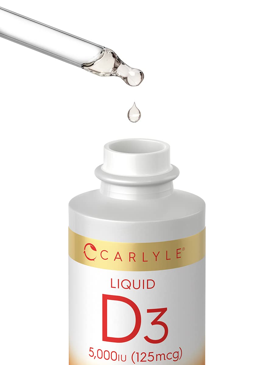 Carlyle Liquid D3 packaging highlights gluten-free and non-GMO claims.