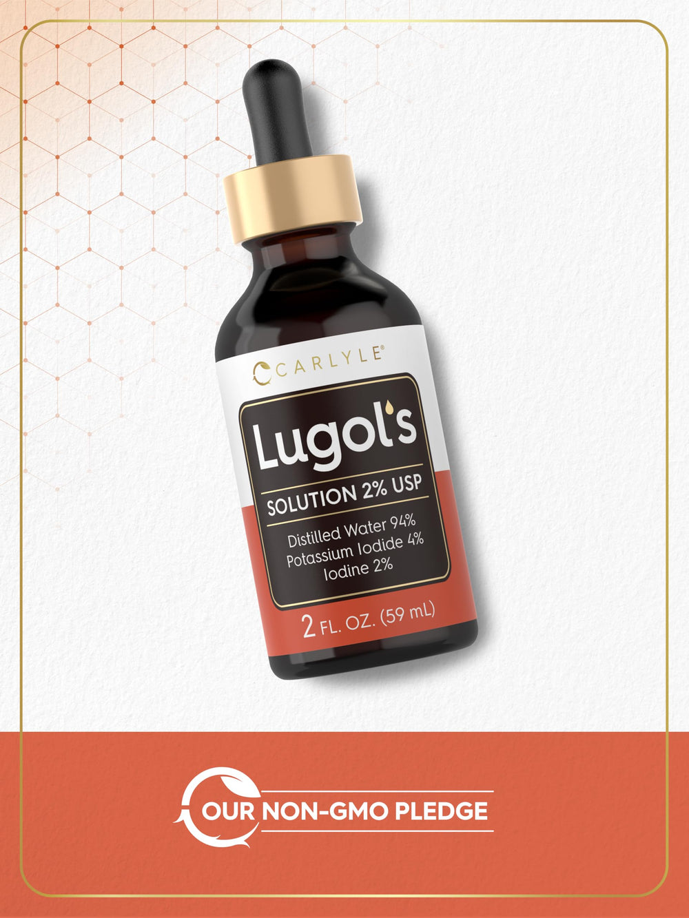 Carlyle Lugols Iodine 2% bottle on a clean workspace for easy access.