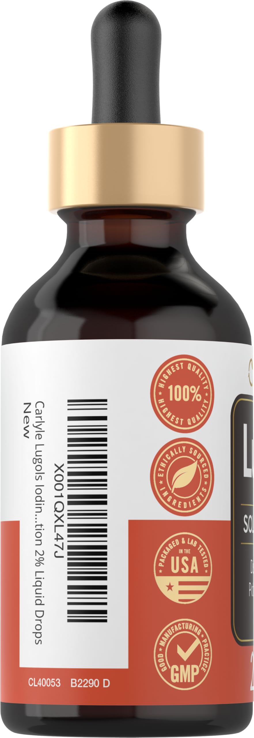 Carlyle Lugols Iodine 2% label close-up showing ingredients and composition.