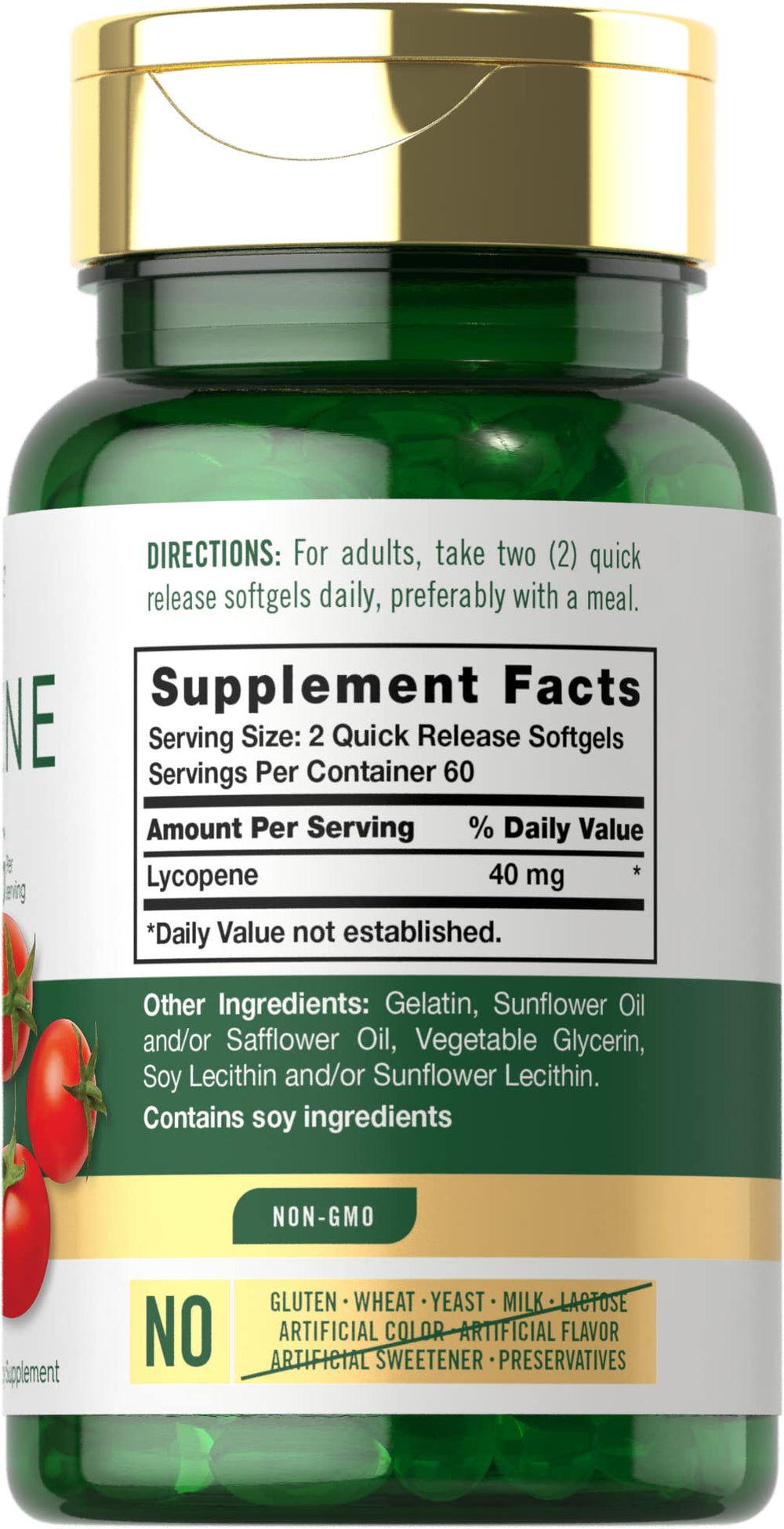 Carlyle Lycopene 40mg softgels front label showing non-GMO and gluten-free formula.