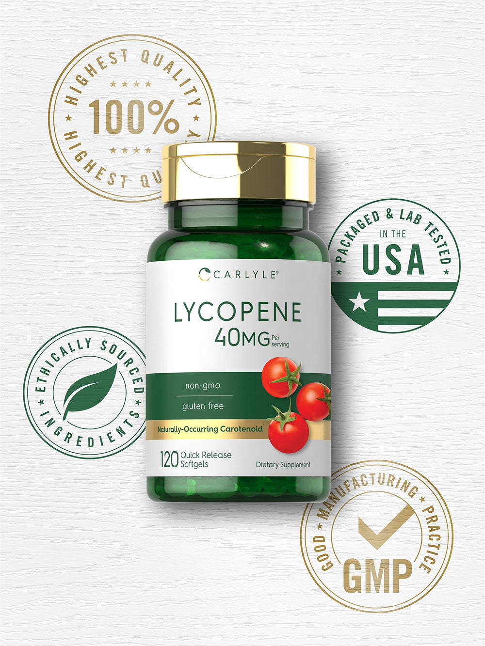 Carlyle Lycopene 40mg softgels ingredients panel highlights red carotenoid source.