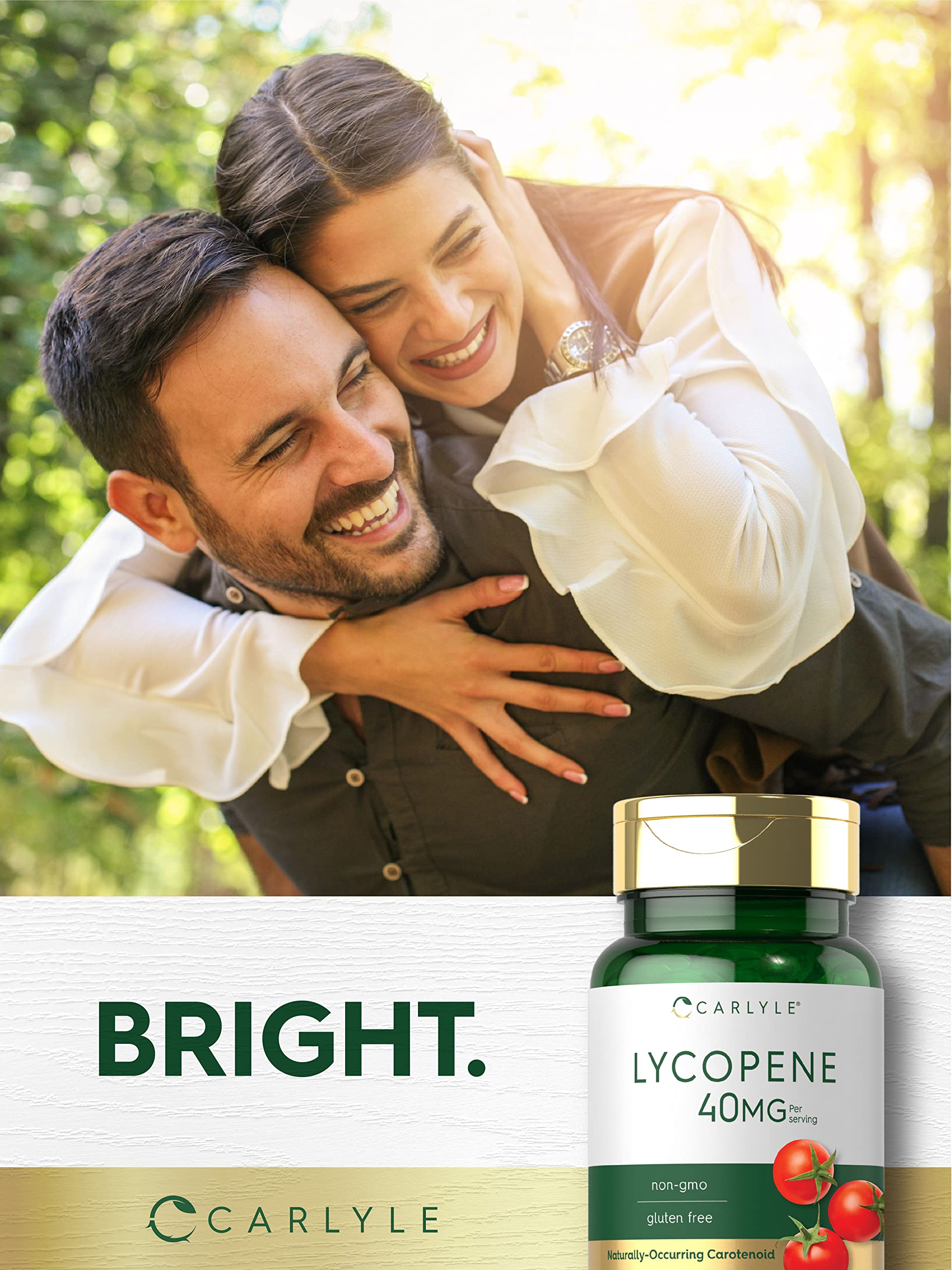 Carlyle Lycopene 40mg softgels packaging emphasizing gluten-free statement.